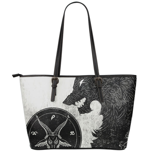 Black Demon Wolf Print Leather Tote Bag