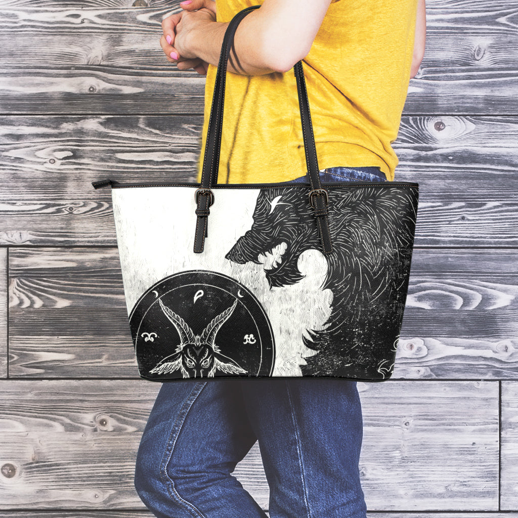 Black Demon Wolf Print Leather Tote Bag
