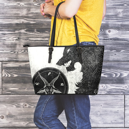 Black Demon Wolf Print Leather Tote Bag