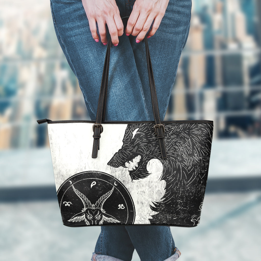Black Demon Wolf Print Leather Tote Bag