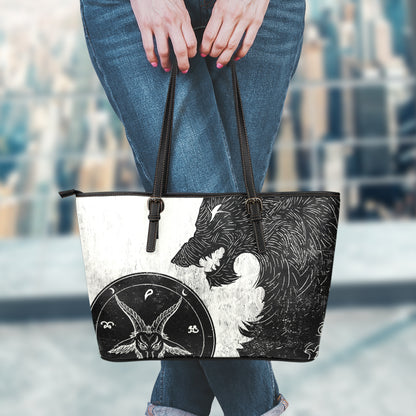 Black Demon Wolf Print Leather Tote Bag