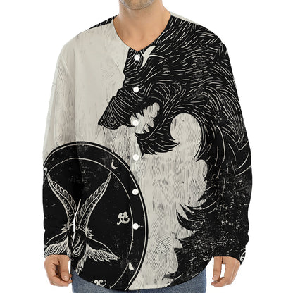 Black Demon Wolf Print Long Sleeve Baseball Jersey