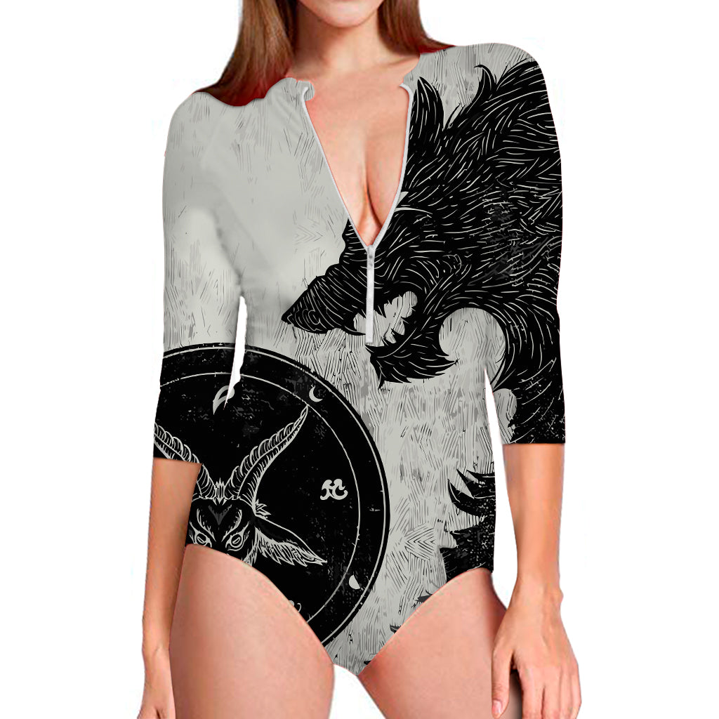 Black Demon Wolf Print Long Sleeve Swimsuit