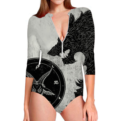 Black Demon Wolf Print Long Sleeve Swimsuit