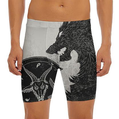 Black Demon Wolf Print Men's Long Boxer Briefs
