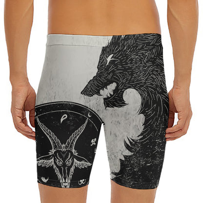 Black Demon Wolf Print Men's Long Boxer Briefs