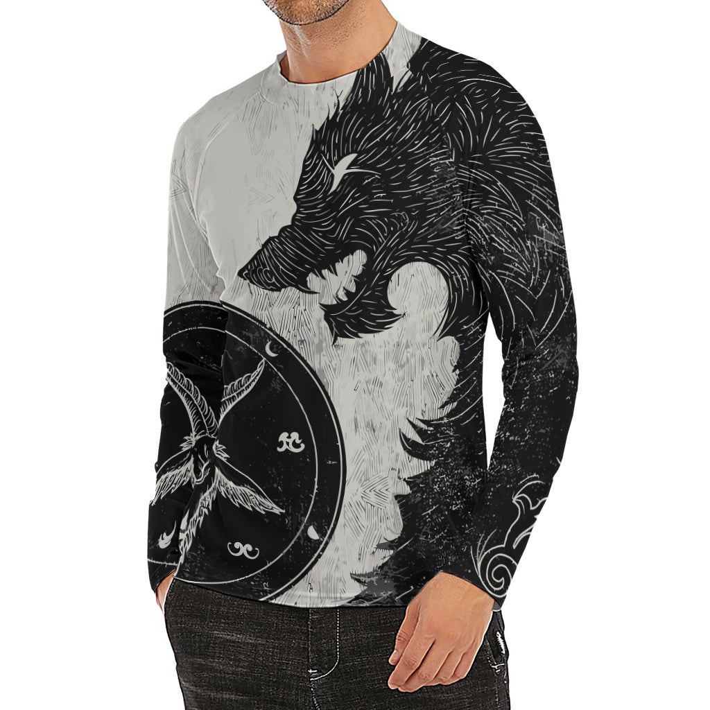 Black Demon Wolf Print Men's Long Sleeve Rash Guard