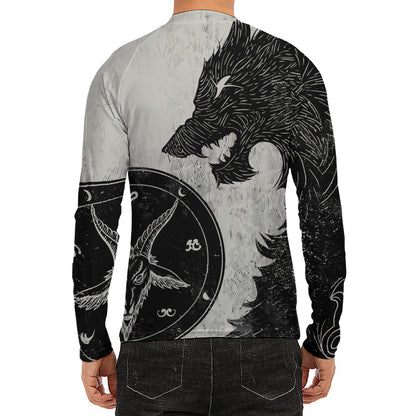 Black Demon Wolf Print Men's Long Sleeve Rash Guard