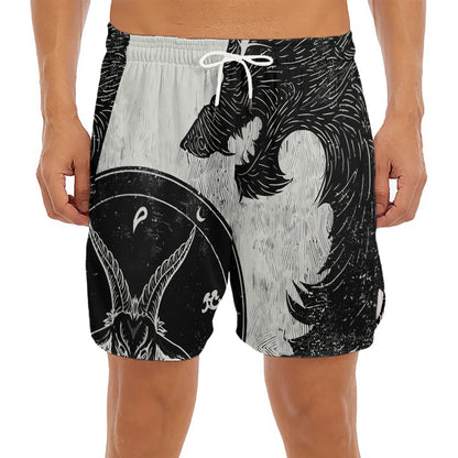 Black Demon Wolf Print Men's Split Running Shorts