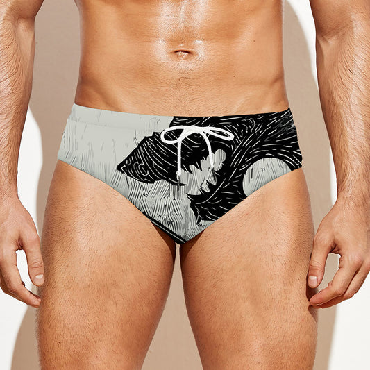Black Demon Wolf Print Men's Swim Briefs