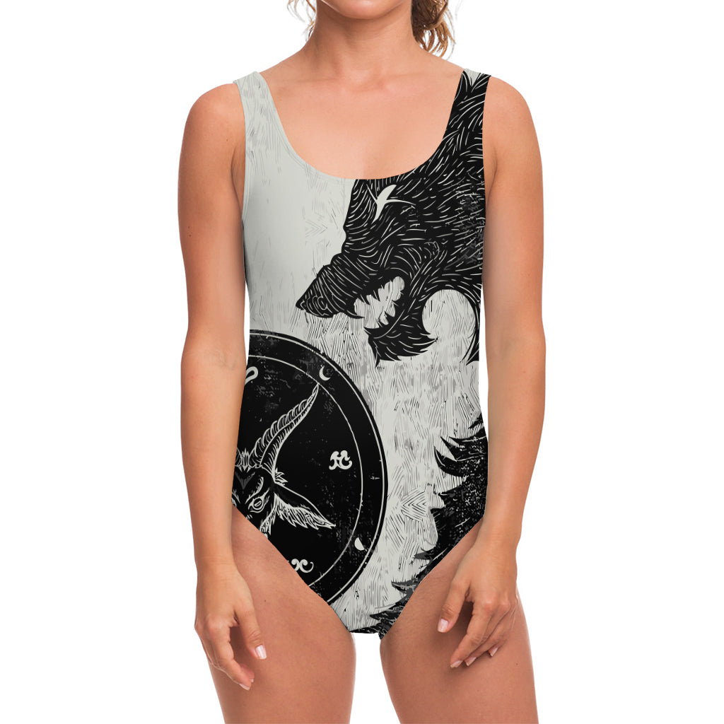 Black Demon Wolf Print One Piece Swimsuit
