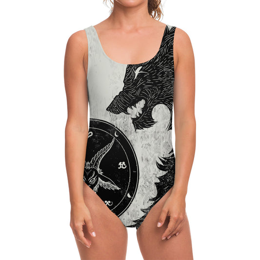 Black Demon Wolf Print One Piece Swimsuit
