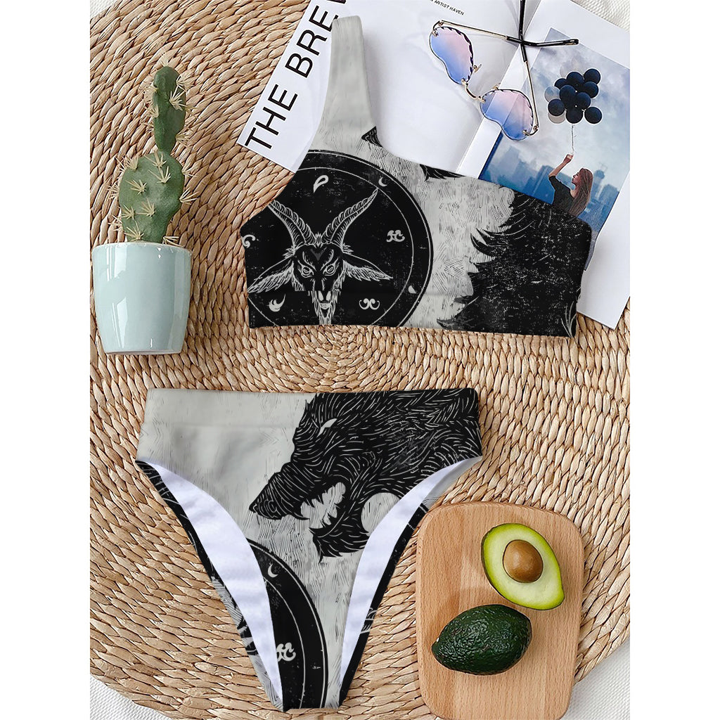 Black Demon Wolf Print One Shoulder Bikini Top