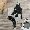 Black Demon Wolf Print One Shoulder Bodysuit