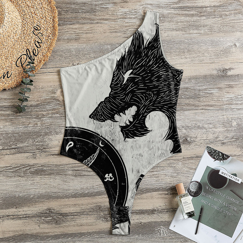 Black Demon Wolf Print One Shoulder Bodysuit