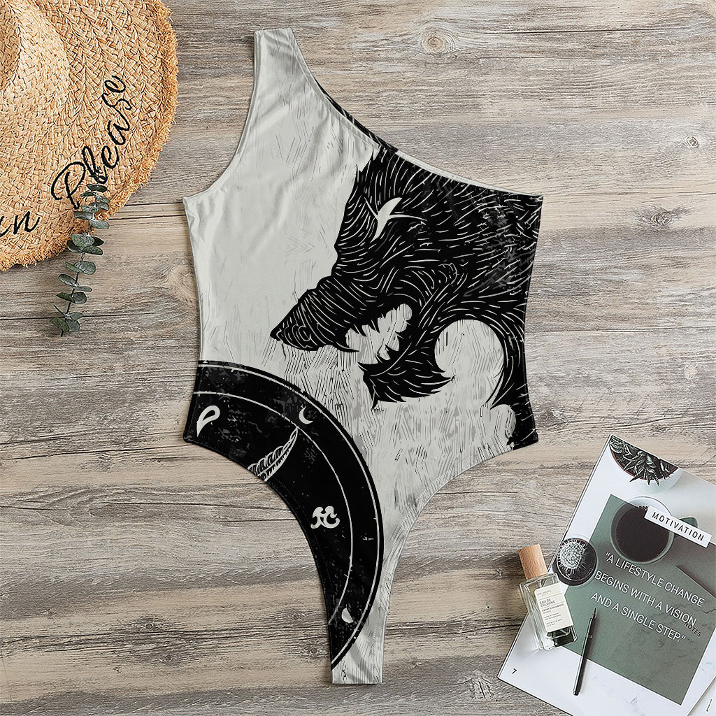 Black Demon Wolf Print One Shoulder Bodysuit
