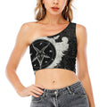 Black Demon Wolf Print One Shoulder Crop Top