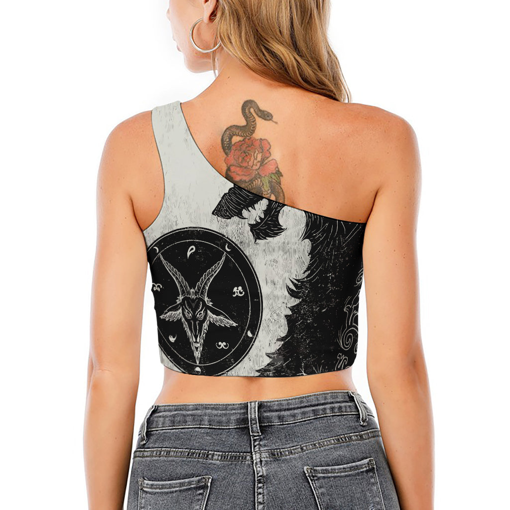 Black Demon Wolf Print One Shoulder Crop Top