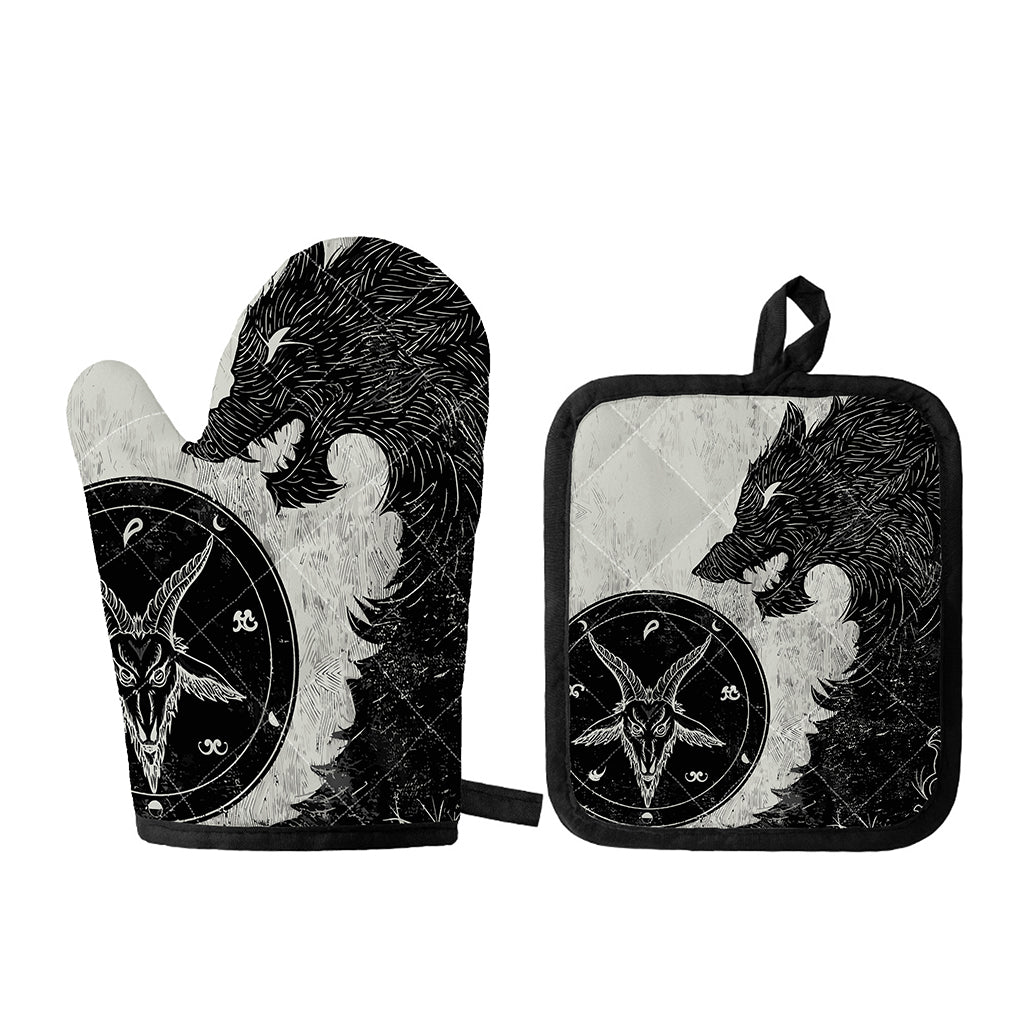 Black Demon Wolf Print Oven Mitt And Pot Holder Set