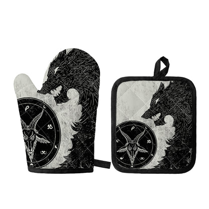 Black Demon Wolf Print Oven Mitt And Pot Holder Set