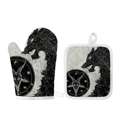Black Demon Wolf Print Oven Mitt And Pot Holder Set