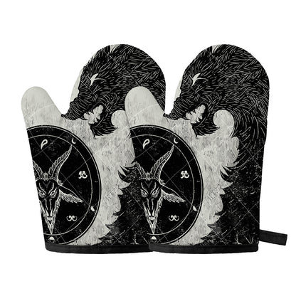 Black Demon Wolf Print Oven Mitts