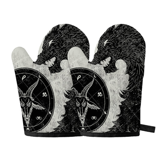 Black Demon Wolf Print Oven Mitts