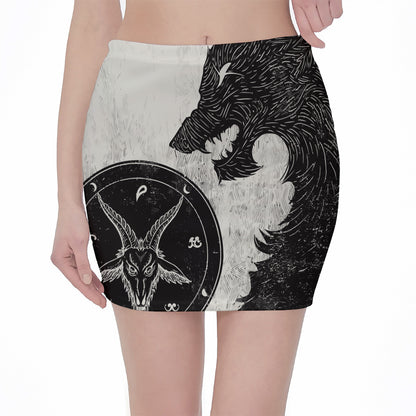 Black Demon Wolf Print Pencil Mini Skirt