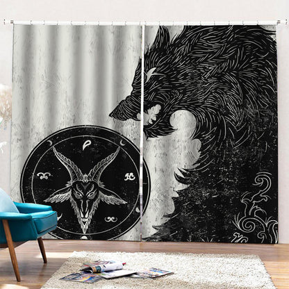 Black Demon Wolf Print Pencil Pleat Curtains