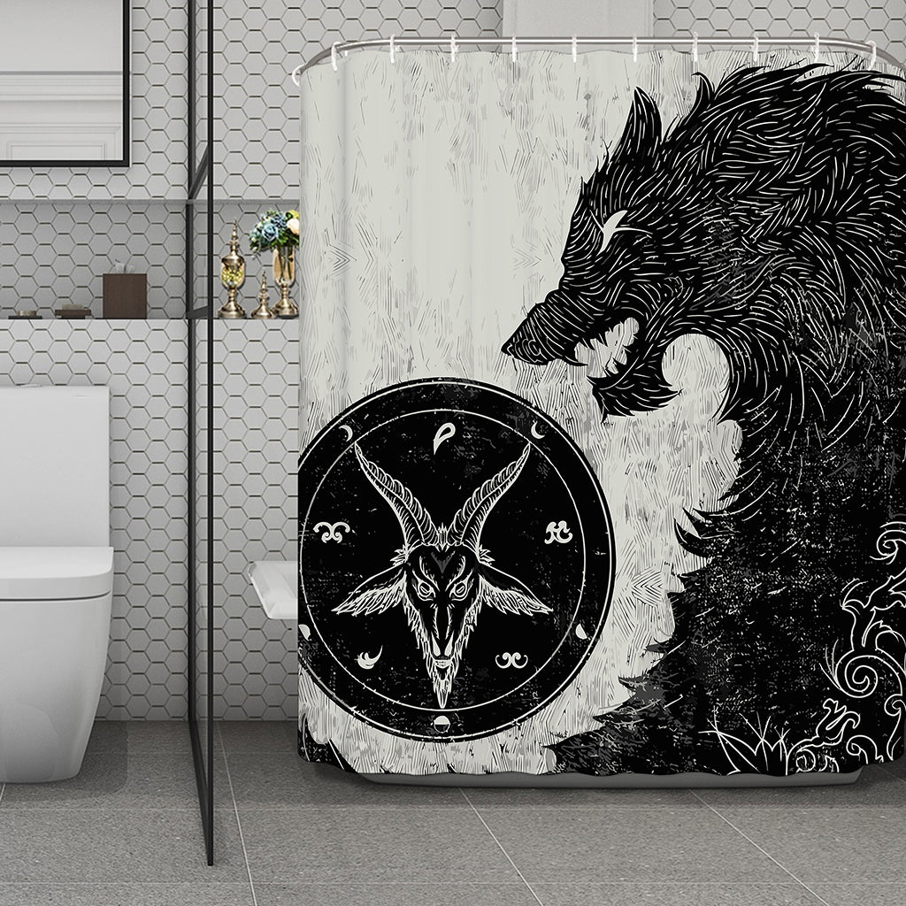 Black Demon Wolf Print Polyester Shower Curtain
