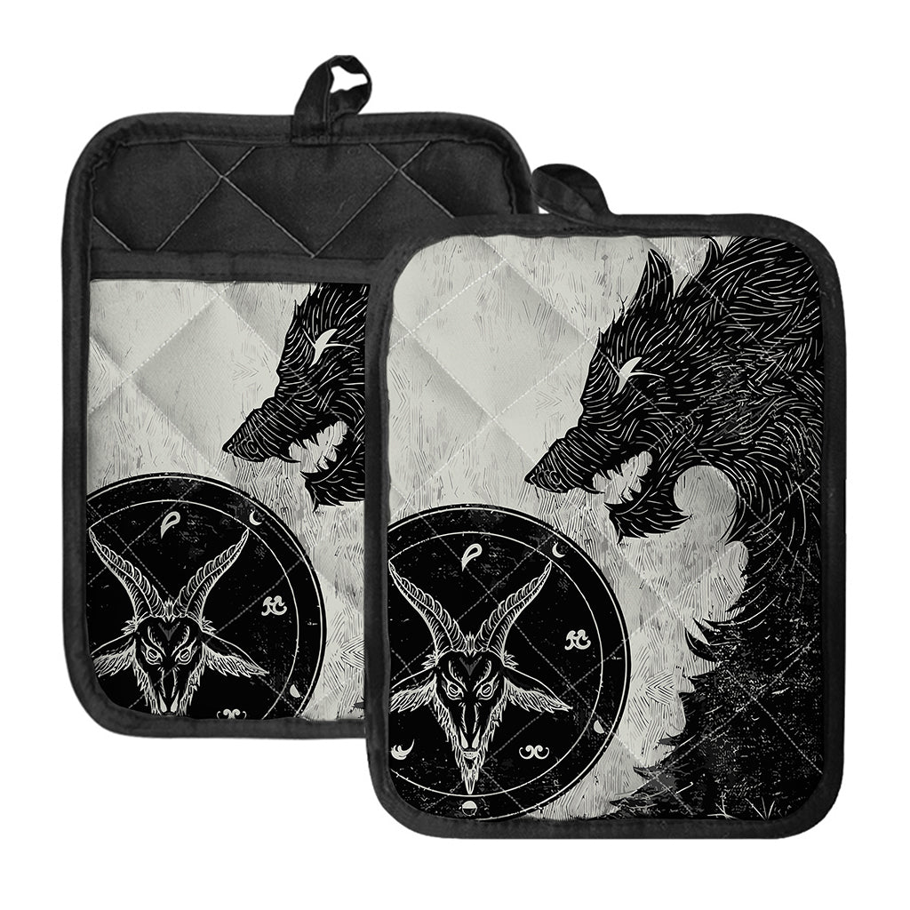 Black Demon Wolf Print Pot Holders With Pocket