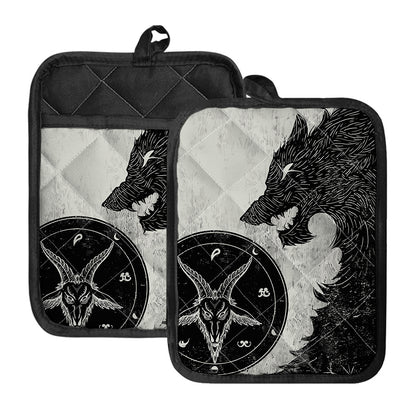 Black Demon Wolf Print Pot Holders With Pocket