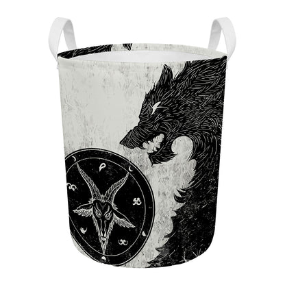 Black Demon Wolf Print Round Laundry Basket