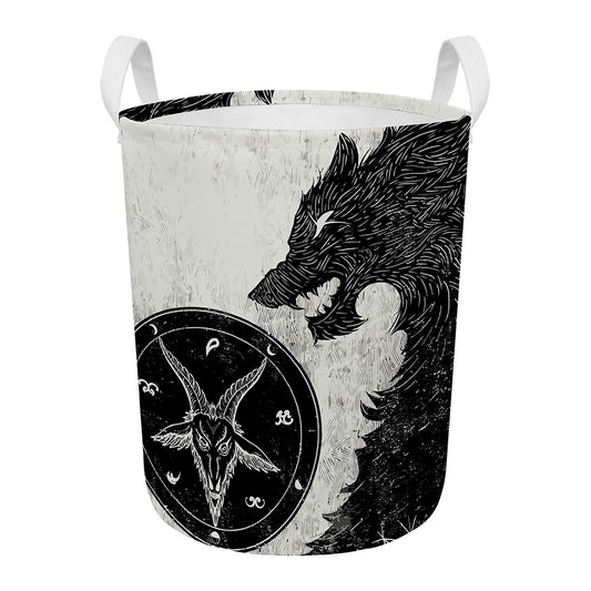 Black Demon Wolf Print Round Laundry Basket