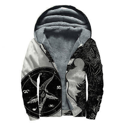 Black Demon Wolf Print Sherpa Lined Zip Up Hoodie