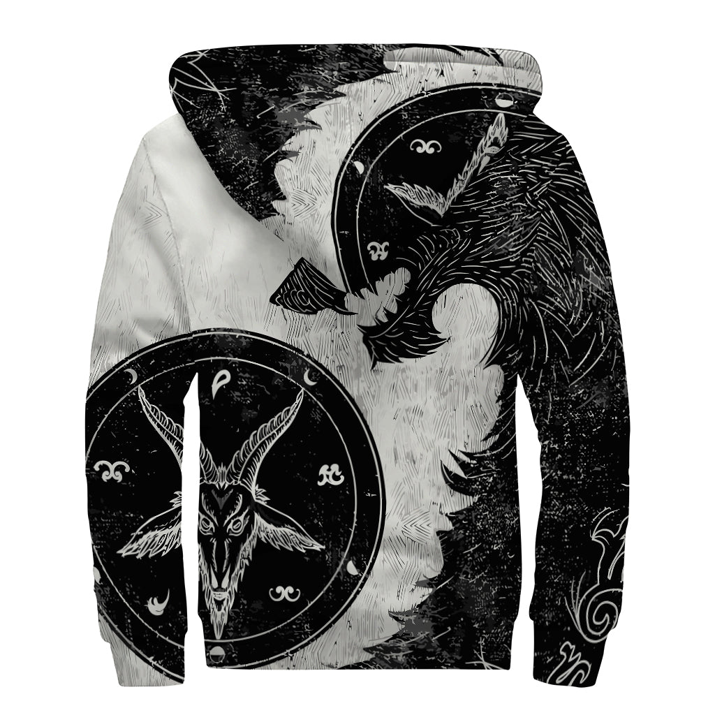 Black Demon Wolf Print Sherpa Lined Zip Up Hoodie