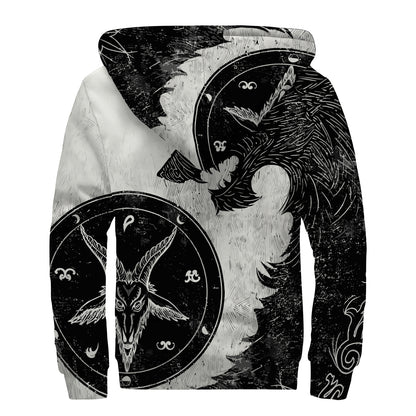Black Demon Wolf Print Sherpa Lined Zip Up Hoodie