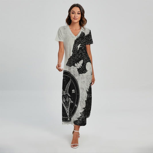 Black Demon Wolf Print Short Sleeve Maxi Dress