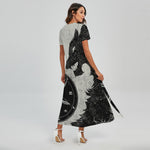 Black Demon Wolf Print Short Sleeve Maxi Dress