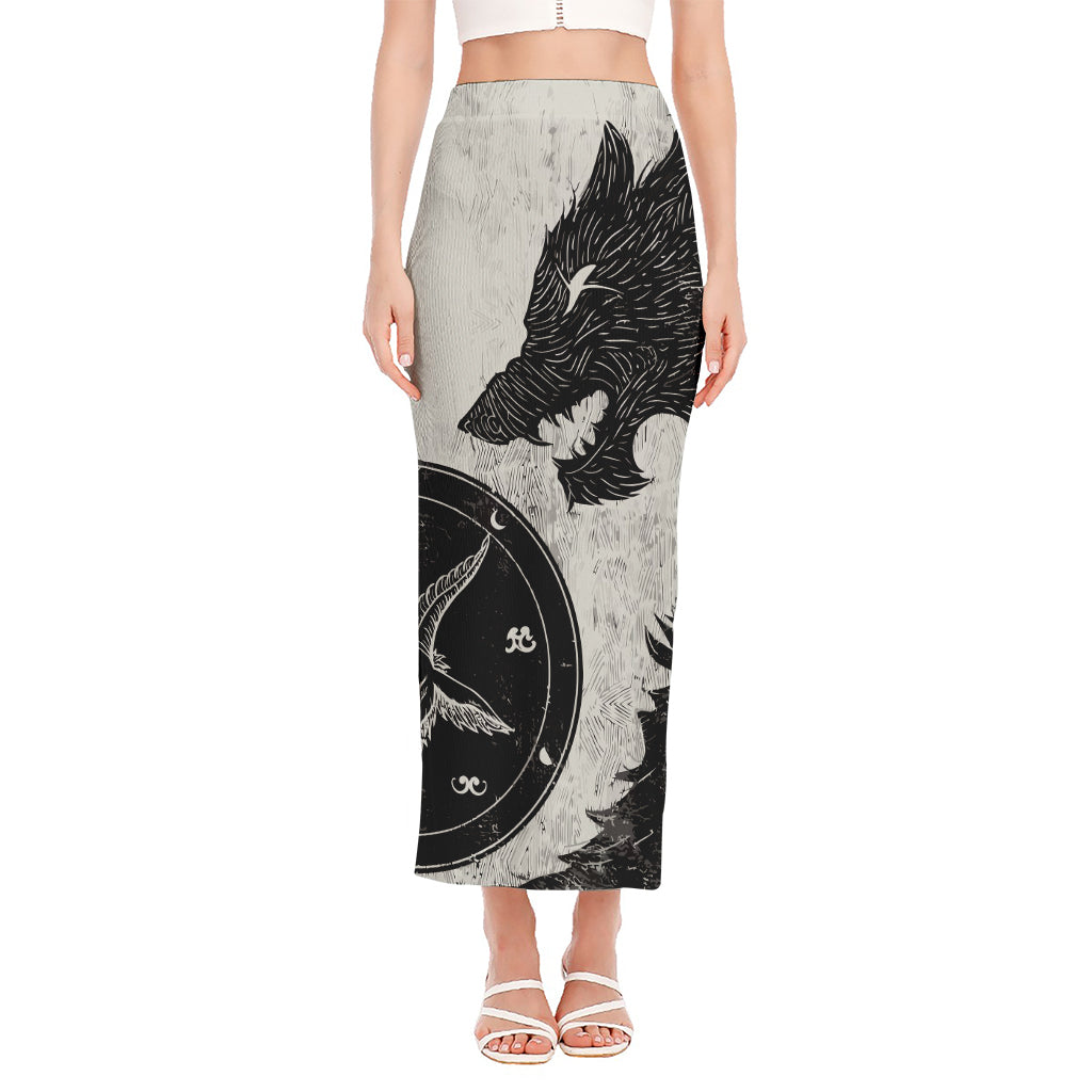 Black Demon Wolf Print Side Slit Maxi Skirt