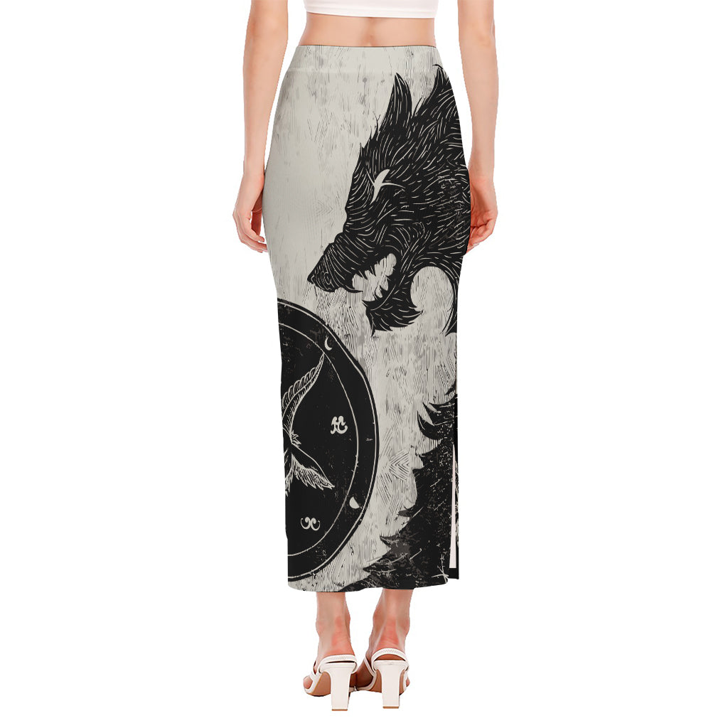 Black Demon Wolf Print Side Slit Maxi Skirt