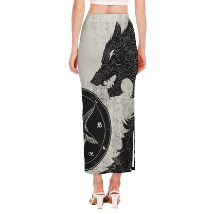 Black Demon Wolf Print Side Slit Maxi Skirt