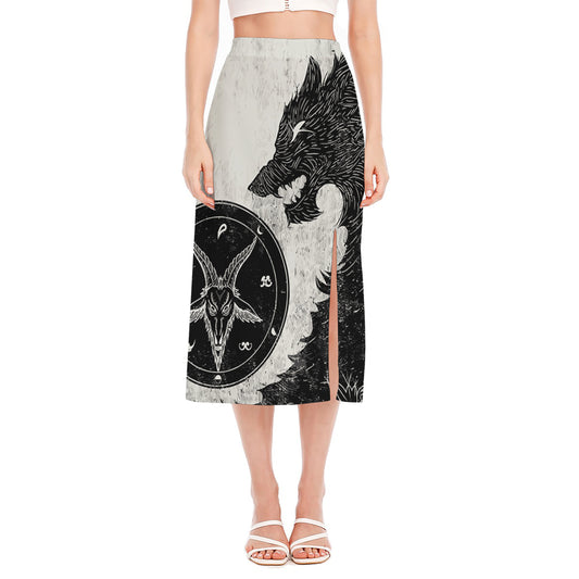 Black Demon Wolf Print Side Slit Midi Skirt