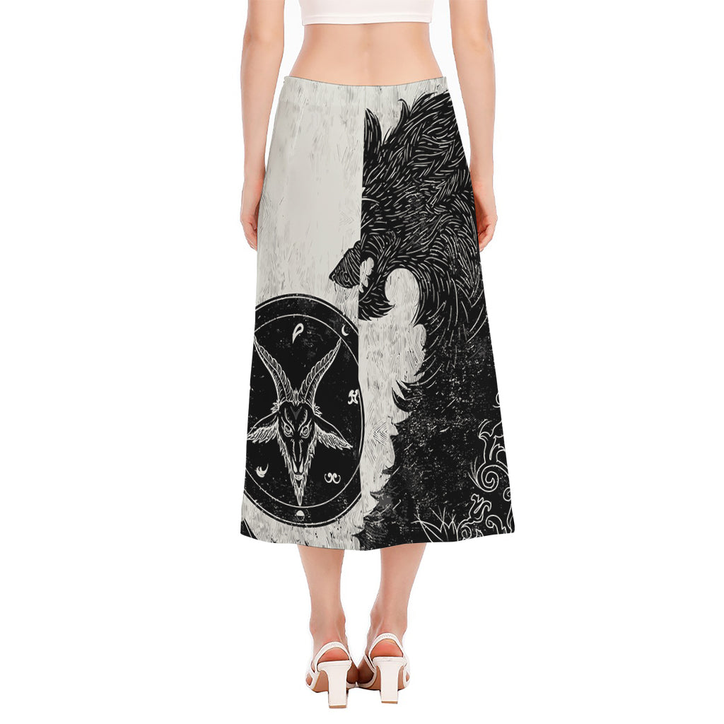 Black Demon Wolf Print Side Slit Midi Skirt