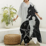 Black Demon Wolf Print Silk V-Neck Kaftan Dress