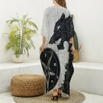 Black Demon Wolf Print Silk V-Neck Kaftan Dress