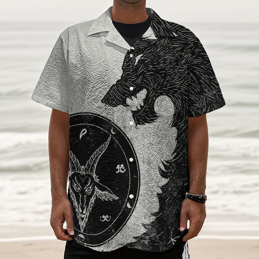 Black Demon Wolf Print Textured Short Sleeve Shirt