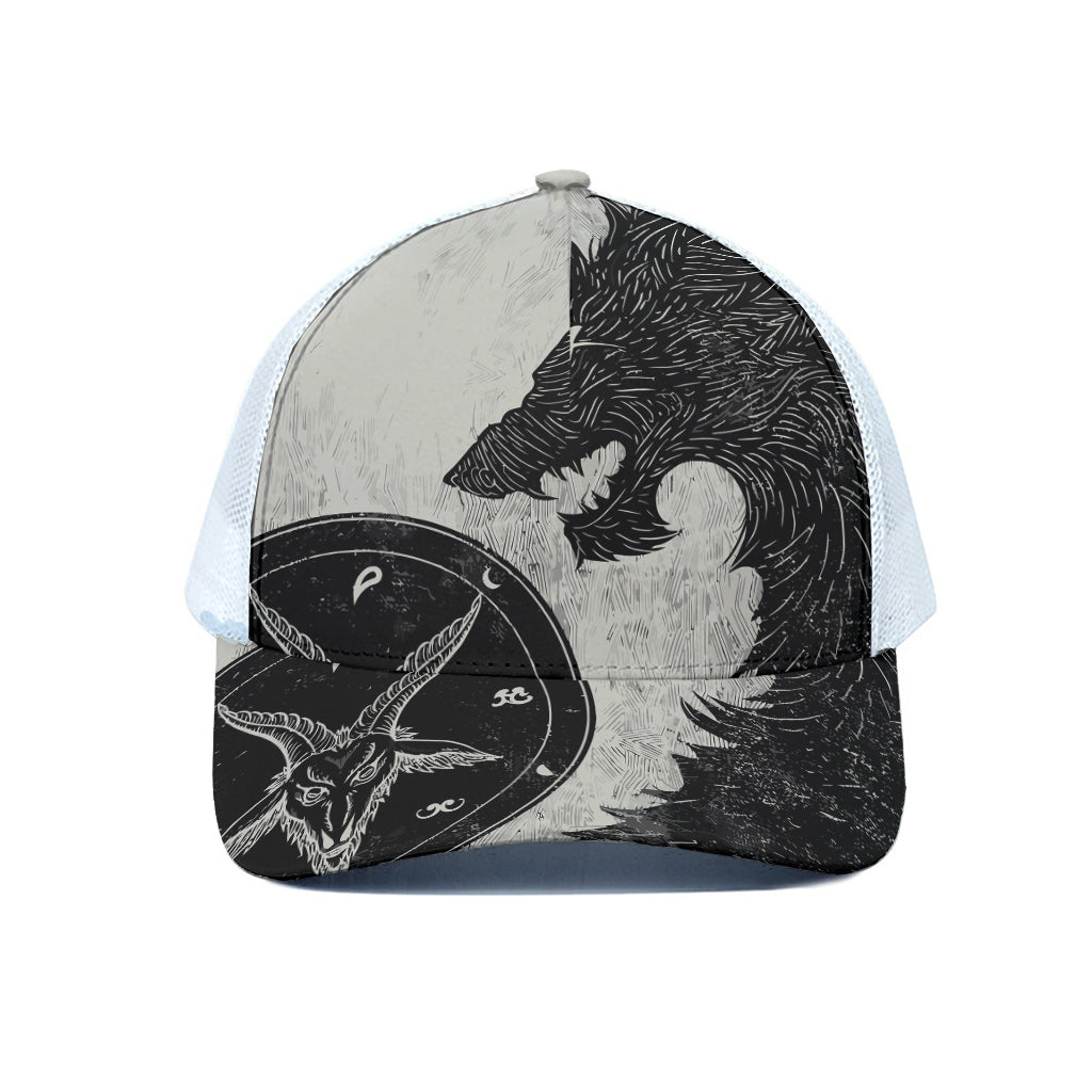 Black Demon Wolf Print White Mesh Trucker Cap