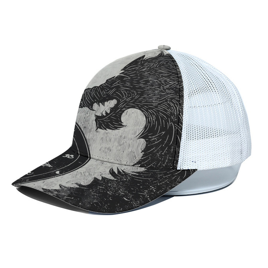Black Demon Wolf Print White Mesh Trucker Cap