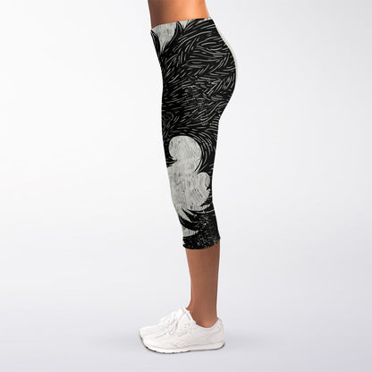 Black Demon Wolf Print Women's Capri Leggings